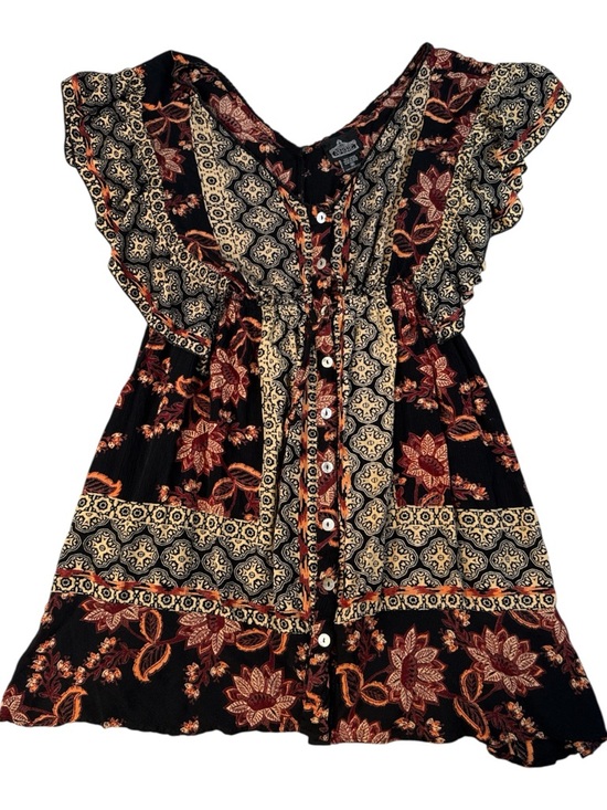 Angie Boho Mini Dress Womens Medium Black Floral Patchwork Button Front Flowy - Picture 4 of 9